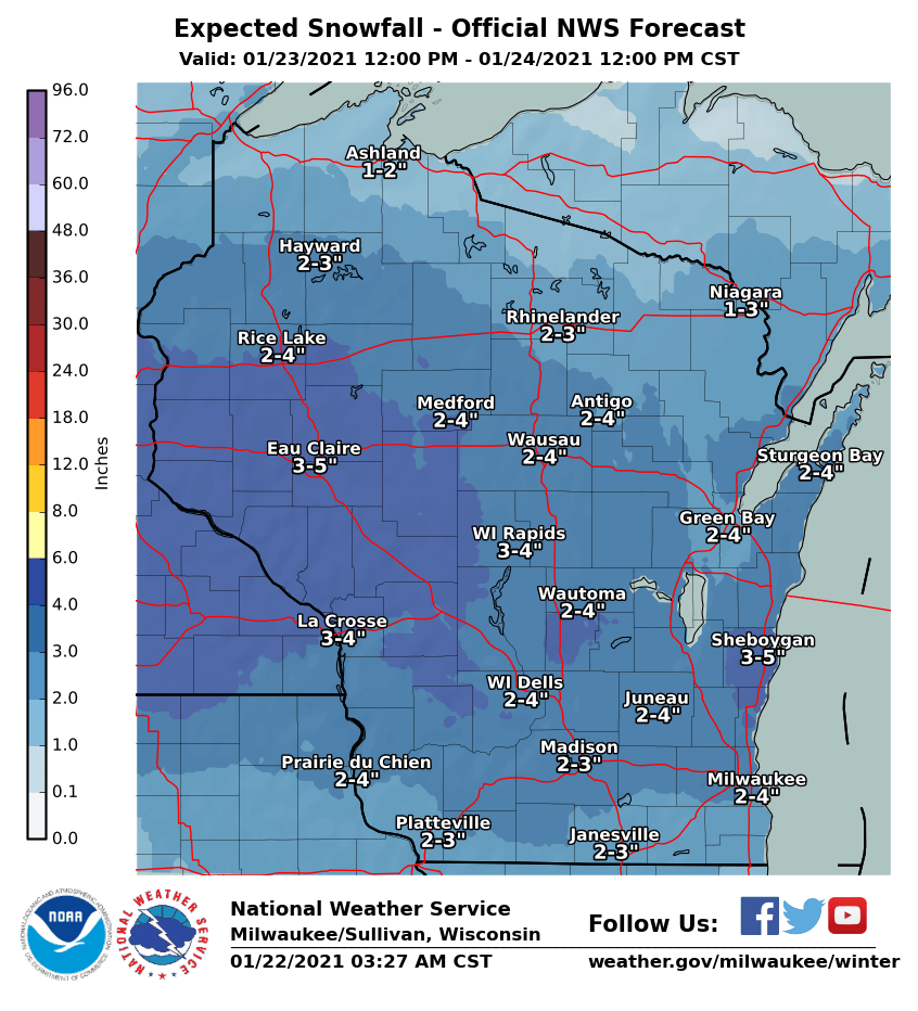 Wisconsin snow totals by National Weather Service